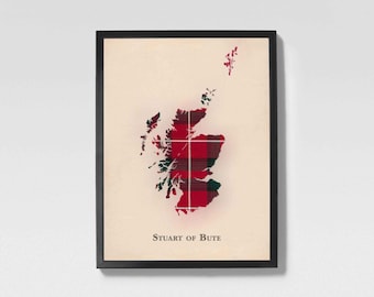Clan Stuart of Bute Scottish Tartan Map | Stuart of Scotland Family Wall Decor, Ready to Hang
