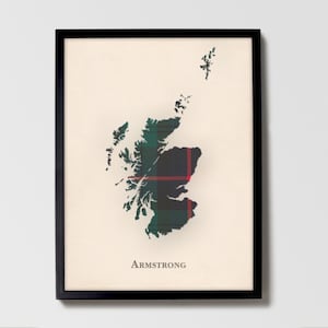 Clan Armstark Schottenkaro Landkarte | Armstark von Schottland Familie Wanddekor, fertig zum Aufhängen, Leinwand, gerahmt, Karte