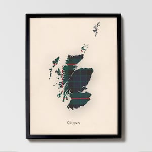Gunn Schottische Tartan Landkarte | Gunn of Scotland Wanddekoration, fertig zum Aufhängen, Leinwand, gerahmt, Karte