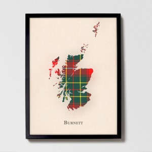 Clan Burnett Schottische Tartan Landkarte | Burnett of Scotland Familie Wanddekor, fertig zum Aufhängen, Leinwand, gerahmt, Karte