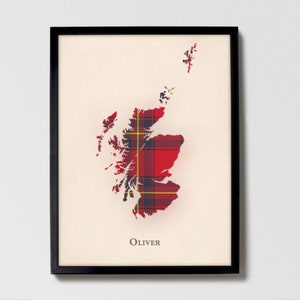 Clan Oliver Schottenkaro Landkarte | Oliver of Scotland Wanddekoration, fertig zum Aufhängen, Leinwand, gerahmt, Karte