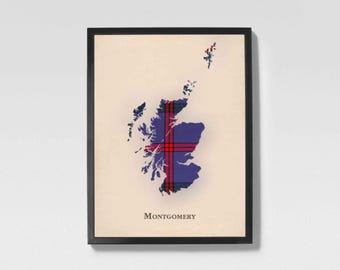 Mappa scozzese in tartan del clan Montgomery / Decorazione murale della famiglia Montgomery di Scozia, pronta da appendere