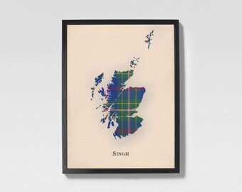 Mapa de tartã escocês do clã Singh | Decoração de parede da família Singh da Escócia, pronta para pendurar