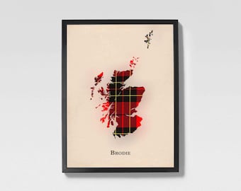 Clan Brodie Red Scottish Tartan Map | Brodie Red of Scotland Family Wall Decor, Ready to Hang