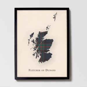 Clan Fletcher of Dunans Tartan Landkarte | Fletcher von Dunans of Scotland Familie Wanddekoration, fertig zum Aufhängen, Leinwand, gerahmt, Karte