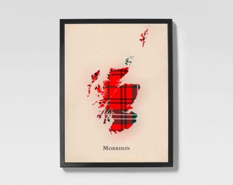 Clan Morrison Red Scottish Tartan Map | Morrison Red of Scotland Family Wall Decor, Ready to Hang
