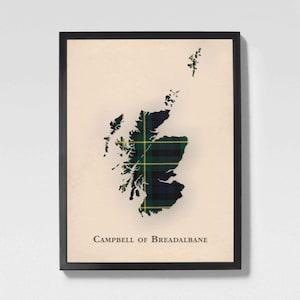 Mapa del Clan Campbell de Breadalbane con tartán escocés / Decoración de pared de la familia Campbell de Escocia, lista para colgar