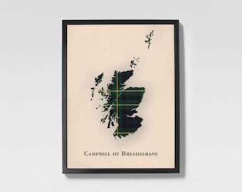 Clan Campbell of Breadalbane Schottische Tartan Karte | Campbell of Scotland Familie Wanddekoration, fertig zum Aufhängen