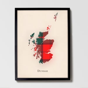 Clan Dunbar Tartan Landkarte | Dunbar of Scotland Familie Wanddekor, fertig zum Aufhängen, Leinwand, gerahmt, Karte