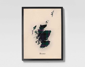 Clan Baird Scottish Tartan Map | Baird of Scotland Family Wall Decor, Ready to Hang
