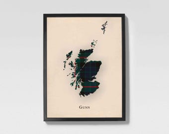 Clan Gunn Scottish Tartan Map | Gunn of Scotland Family Wall Decor, Ready to Hang