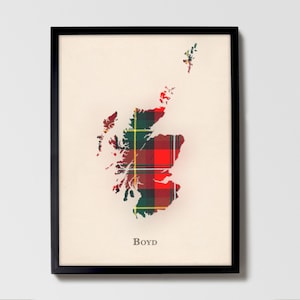 Clan Boyd Tartan Landkarte | Boyd of Scotland Familie Wanddekor, fertig zum Aufhängen, Leinwand, gerahmt, Karte