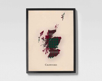 Mapa de tartán escocés del clan Crawford / Decoración de pared de la familia Crawford de Escocia, lista para colgar