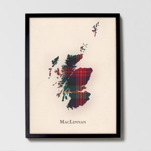 Clan MacLennan Schottische Tartan Landkarte | MacLennan of Scotland Familie Wanddekor, fertig zum Aufhängen, Leinwand, gerahmt, Karte