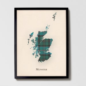 Clan Munster Schottenkaro Landkarte | Munster of Scotland Familie Wanddekor, fertig zum Aufhängen, Leinwand, gerahmt, Karte