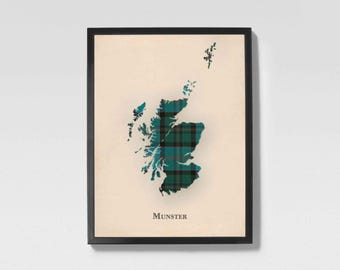 Clan Munster Scottish Tartan Map | Munster of Scotland Family Wall Decor, Ready to Hang