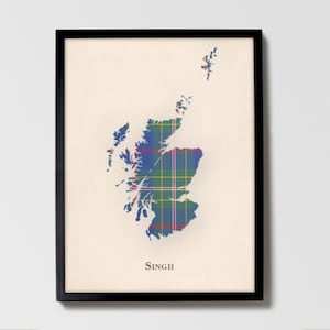 Clan Singh Schottische Tartan Landkarte | Singh of Scotland Familie Wanddekor, fertig zum Aufhängen, Leinwand, gerahmt, Karte