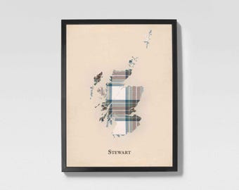 Clan Stewart Blue Scottish Tartan Map | Stewart Blue of Scotland Family Wall Decor, Ready to Hang