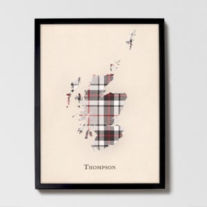 Clan Thompson Gray Schottische Tartan Landkarte | Thompson Gray of Scotland Familie Wanddekor, fertig zum Aufhängen, Leinwand, gerahmt, Karte