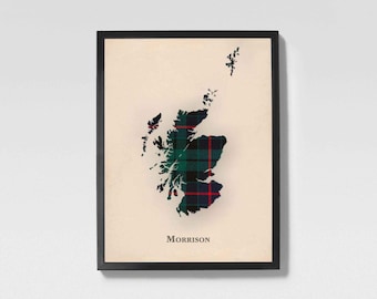 Clan Morrison Green Scottish Tartan Map | Morrison Green of Scotland Family Wall Decor, Ready to Hang
