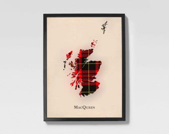 Clan MacQueen Schotse Tartan-kaart | MacQueen of Scotland familiemuurdecoratie, klaar om op te hangen