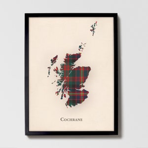 Clan Cochrane Schottische Tartan Landkarte | Cochrane of Scotland Familie Wanddekor, fertig zum Aufhängen, Leinwand, gerahmt, Karte