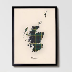 Clan Mowat Schottische Tartan Landkarte | Mowat of Scotland Familie Wanddekor, fertig zum Aufhängen, Leinwand, gerahmt, Karte