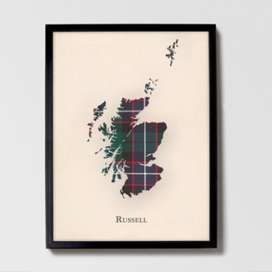 Clan Russel Schottische Tartan Landkarte | Russel von Scotland Familie Wanddekor, fertig zum Aufhängen, Leinwand, gerahmt, Karte