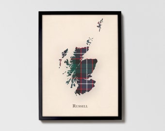 Clan Russell Scottish Tartan Map | Russell Wall Decor, Ready to Hang, Canvas, Framed, Card designed in Scotland