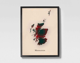 Mappa scozzese in tartan del clan Middleton / Decorazione murale della famiglia Middleton di Scozia, pronta da appendere