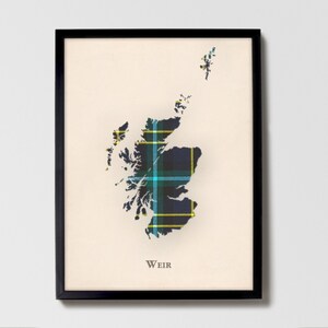 Clan Weir Schottische Tartan Landkarte | Weir of Scotland Familie Wanddekor, fertig zum Aufhängen, Leinwand, gerahmt, Karte