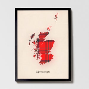 Clan Matheson Rot Schottenkaro Landkarte | Matheson Red of Scotland Familie Wanddekor, fertig zum Aufhängen, Leinwand, gerahmt, Karte