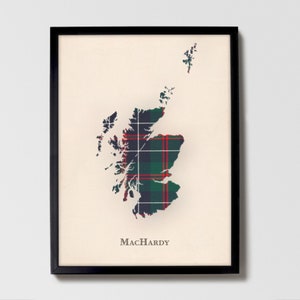 Clan MacHardy Tartan Landkarte | MacHardy of Scotland Familie Wanddekor, fertig zum Aufhängen, Leinwand, gerahmt, Karte