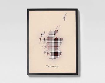 Clan Thompson Grey Scottish Tartan Map | Thompson Grey of Scotland Family Wall Decor, Ready to Hang