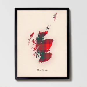 Clan MacNab Tartan Landkarte | MacNab of Scotland Familie Wanddekoration, fertig zum Aufhängen, Leinwand, gerahmt, Karte