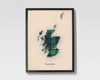Clan Leinster Green Scottish Tartan Map | Leinster Green of Scotland Family Wall Decor, Ready to Hang