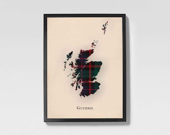 Clan Guthrie Scottish Tartan Map | Guthrie of Scotland Family Wall Decor, Ready to Hang