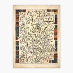 Ancienne carte de l'Ecosse - Vision imagée des clans écossais et des personnages célèbres | Cadeau pour papa d'ascendance écossaise Impression artistique