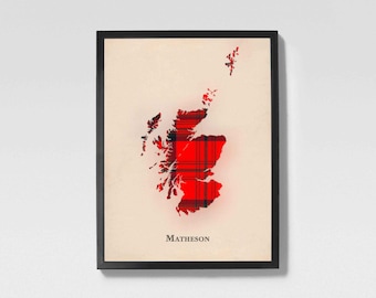Clan Matheson Red Scottish Tartan Map | Matheson Red of Scotland Family Wall Decor, Ready to Hang