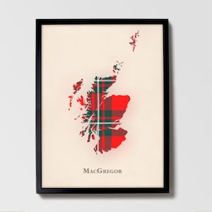 Clan MacGregor Tartan Landkarte | MacGregor of Scotland Familie Wanddekor, fertig zum Aufhängen, Leinwand, gerahmt, Karte
