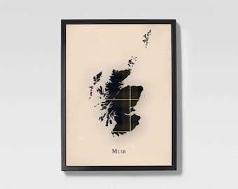 Clan Muir Schotse Tartan-kaart | Muurdecoratie familie Muir of Scotland, klaar om op te hangen