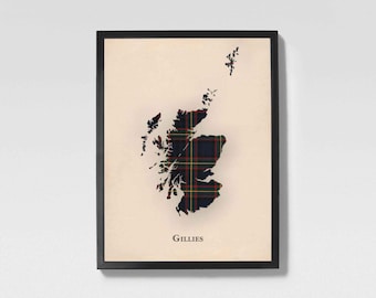 Clan Gillies Tartan Landkarte | Gillies of Scotland Familie Wanddekoration, fertig zum Aufhängen