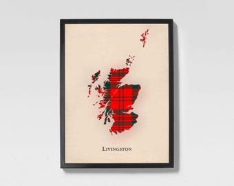Clan Livingston Scottish Tartan Map | Livingston of Scotland Family Wall Decor, Ready to Hang