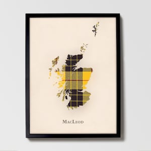 Clan MacLeod Tartan Landkarte | MacLeod of Scotland Familie Wanddekor, fertig zum Aufhängen, Leinwand, gerahmt, Karte