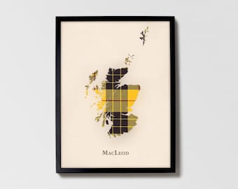 Clan MacLeod Scottish Tartan Map | MacLeod of Scotland Family Wall Decor, Ready to Hang, Canvas, Framed, Card