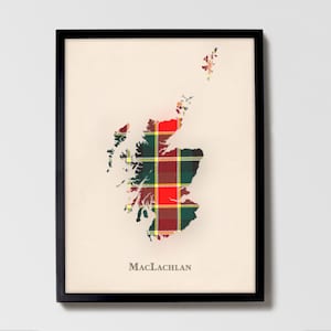 Clan MacLachlan Alte Schottische Tartan Landkarte | MacLachlan Old of Scotland Familie Wanddekor, fertig zum Aufhängen, Leinwand, gerahmt, Karte
