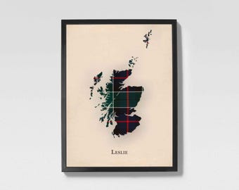 Clan Leslie Green Scottish Tartan Map | Leslie Green of Scotland Family Wall Decor, Ready to Hang
