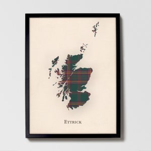 Clan Ettrick Forest Schottische Tartan Landkarte | Ettrick Forest of Scotland Familie Wanddekoration, fertig zum Aufhängen, Leinwand, gerahmt, Karte