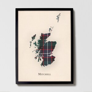 Clan Mitchell Tartan Landkarte | Mitchell of Scotland Familie Wanddekor, fertig zum Aufhängen, Leinwand, gerahmt, Karte