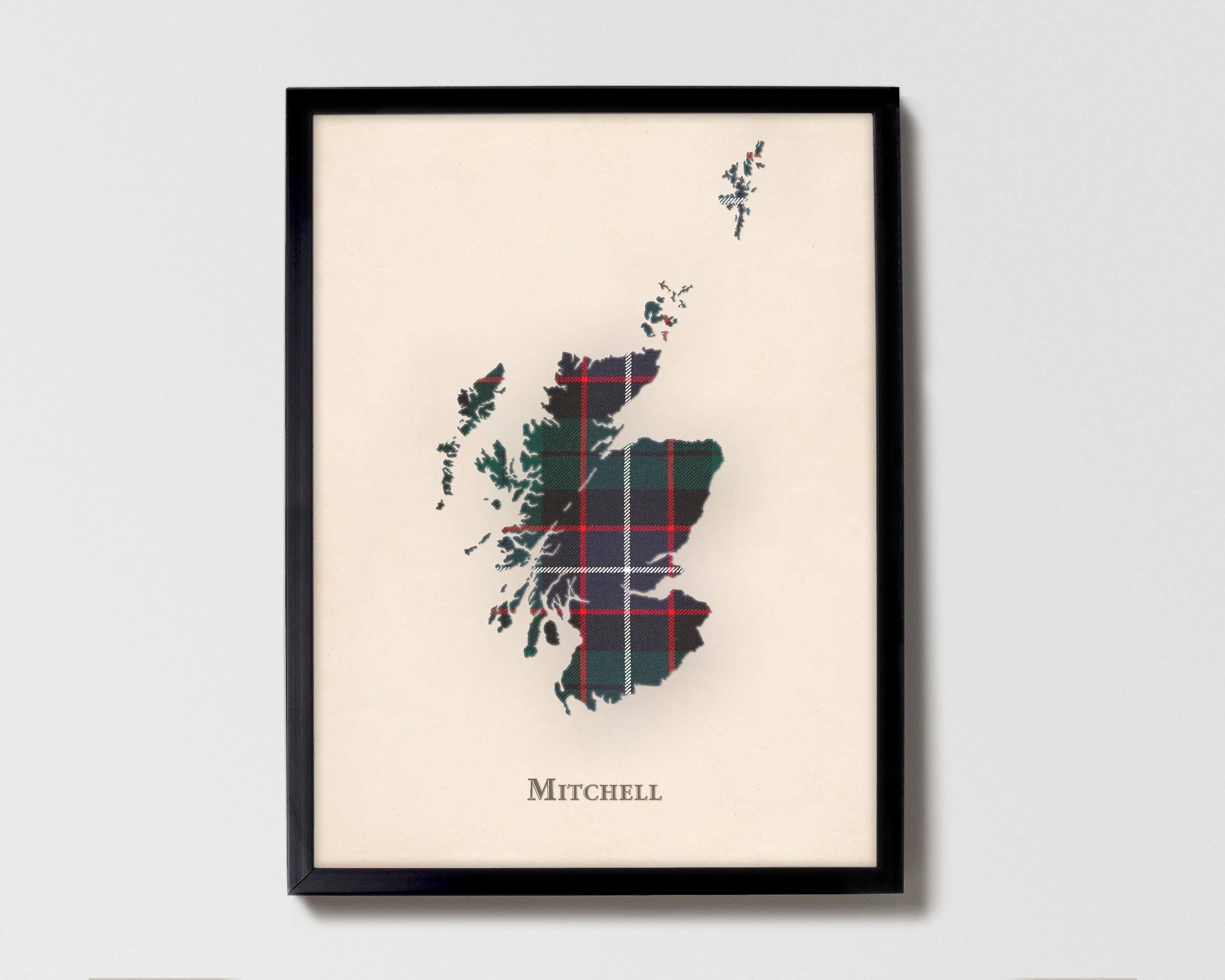 Clan Mitchell Scottish Tartan Map | Mitchell of Scotland Family Wall Decor, Ready to Hang, Canvas, Framed, Card